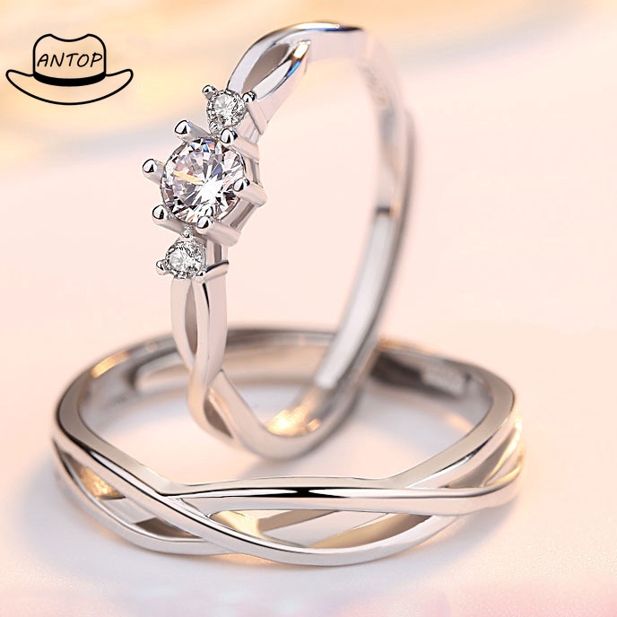 2 Pcs 925 Silver Cincin Berlian Mode Pasangan Wanita Perhiasan Cincin Ring B1 Antop