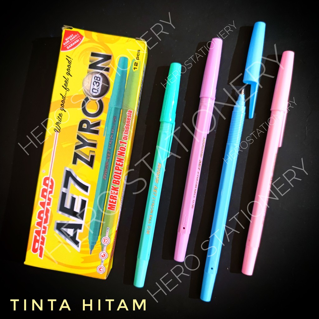 

Standard ballpoint pen AE7 zyrcon casing warna warni tinta hitam . 12 unit