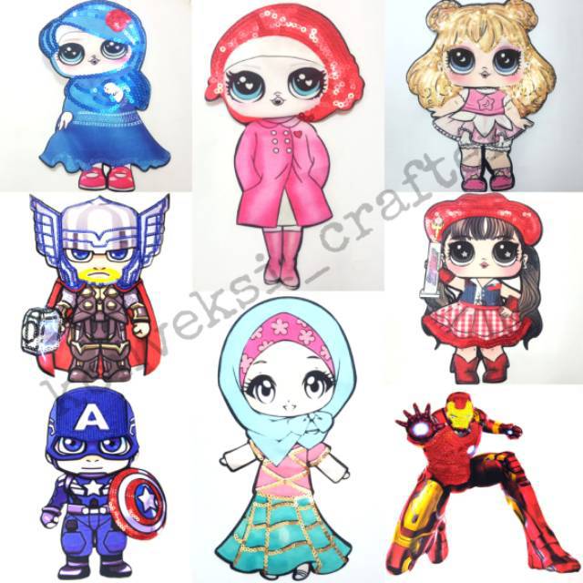 Tempelan Baju TANPA LED 20cm-22,5cm Patch LOL Hijab Superhero Printing Bordir Sequin Import