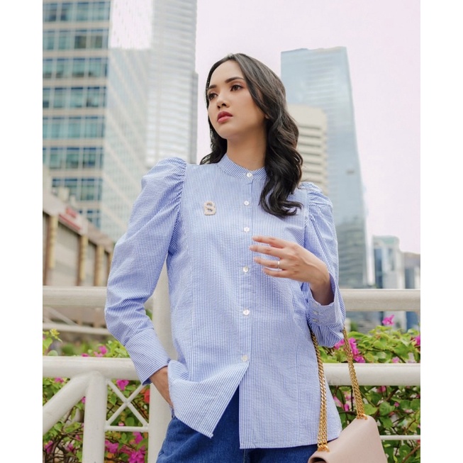 READY SOON monica shirt blue size S M benang jarum by buttonscarves