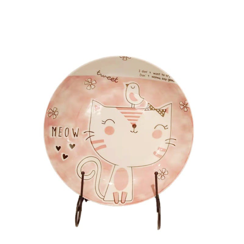 Piring Keramik Korea Motif Nanas/Strawberry/Pohon/Bunga Rose Pink Variasi 20cm-LUCKY CAT PINK 20CM