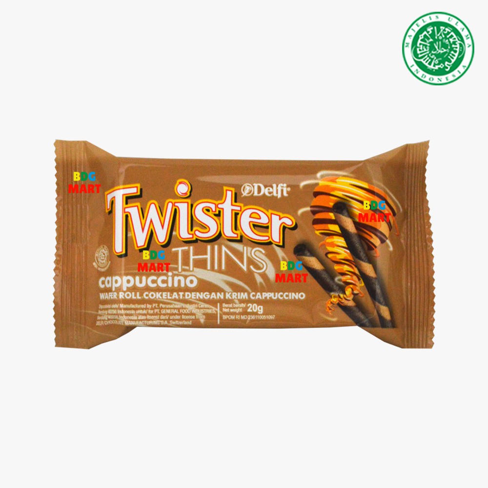 

Delfi Twister Thins Cappuccino Wafer Roll Cokelat Dengan Krim Cappucino Halal MUI - 20gr