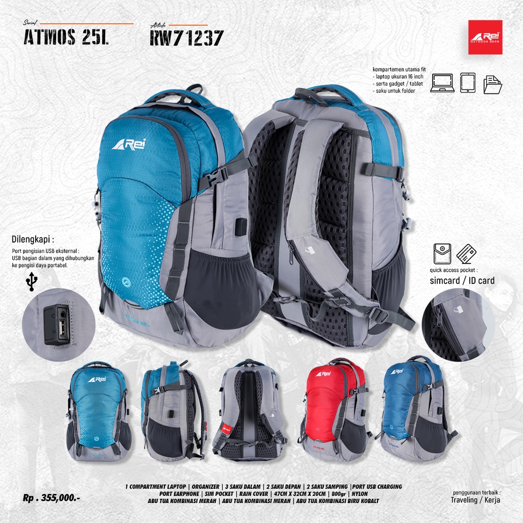 Tas Ransel Atmos 25L Arei Outdoorgear / Tas Laptop + Usb Arei