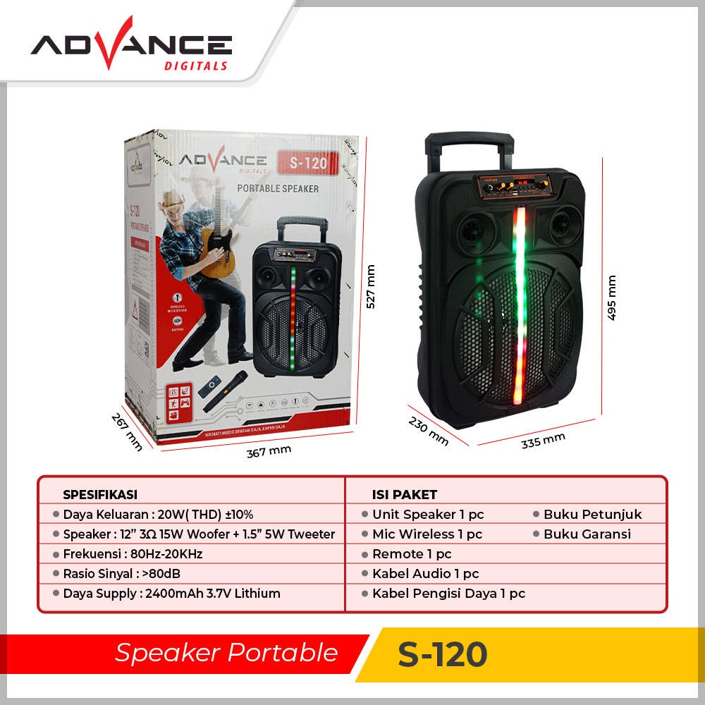 【READY STOCK】 advance high quality stereo, subwoofer s-120 speaker portable bluetooth 12 inch