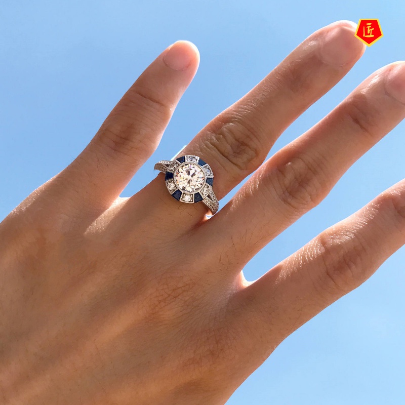 [Ready Stock]Inlaid Blue Topaz Ladder Diamond Ring Fashionable and Elegant