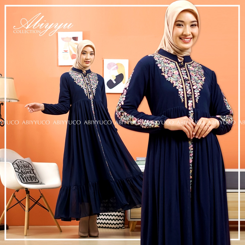 Abiyyuco TA9015 | Dress/Gamis Ceruty Babydoll Busui Hitam, Putih, dan Warna dengan Bordir Cantik