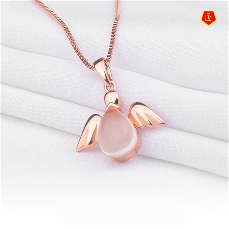 [Ready Stock]Korean Angel Necklace Rose Gold Pink Crystal Women's Pendant Sweet Elegant