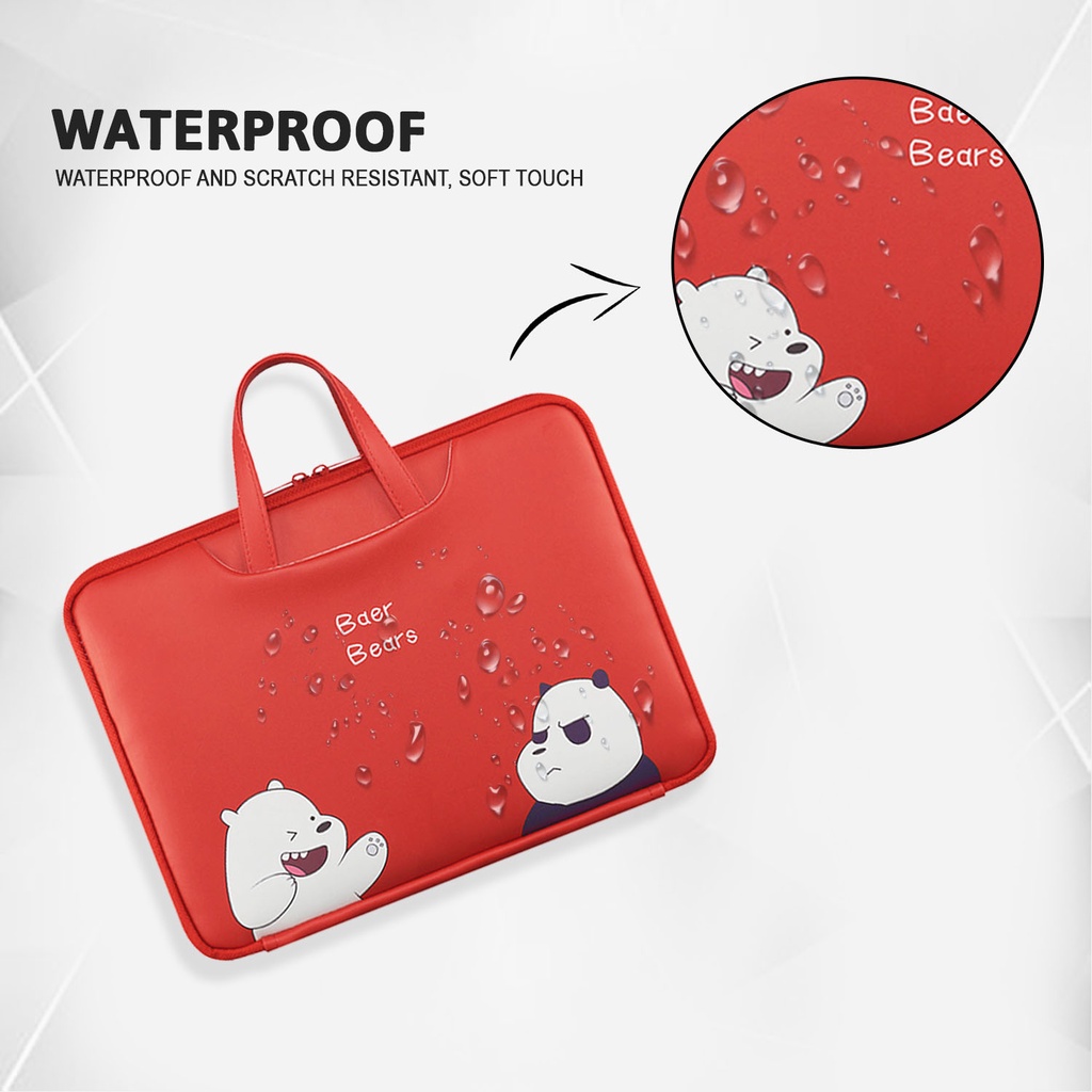 Sleeve Pouch Sarung Tas Bag Case Ipad Tab Tablet Macbook Air Pro Laptop Asus Acer Lenovo HP Huawei 11 12 13 14 15 inch Motif Gambar Bear Beruang Panda Warna Merah Lucu Cute Murah Korean Model Jinjing Tali Strap