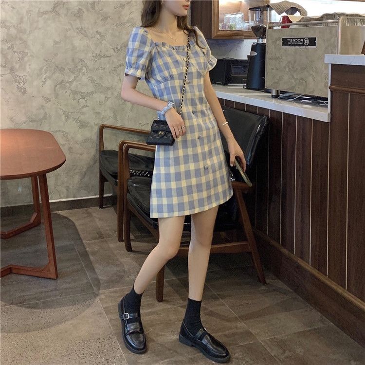 Dress A-Line Square Neck Lengan Puff Pendek Motif Kotak-Kotak Gaya Korea Untuk Wanita / Musim Panas