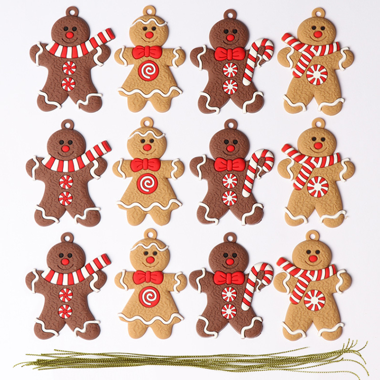 12pcs / Set Hiasan Gantung Pohon Natal Bentuk Gingerbread Man / Rusa / Snowman Dengan Lanyard