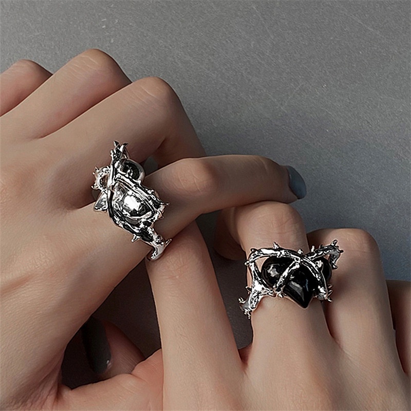 IFYOU Set Cincin Silver Desain Hati Butterfly Moon Gemstone Hitam Gaya Retro Untuk Wanita