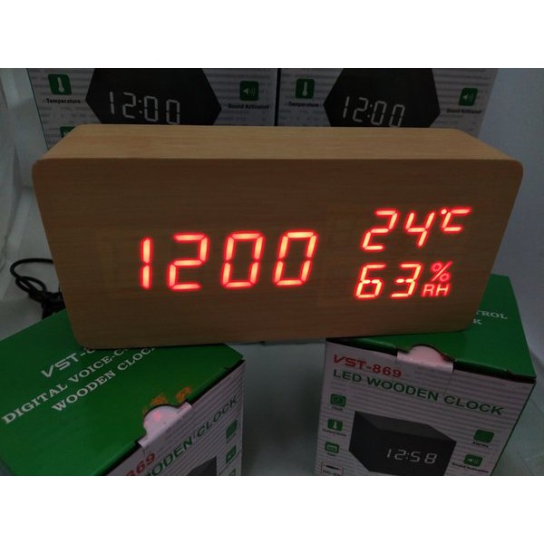 Jam Meja Digital Led Weker Digital Wood Alarm Clock 010 cream red