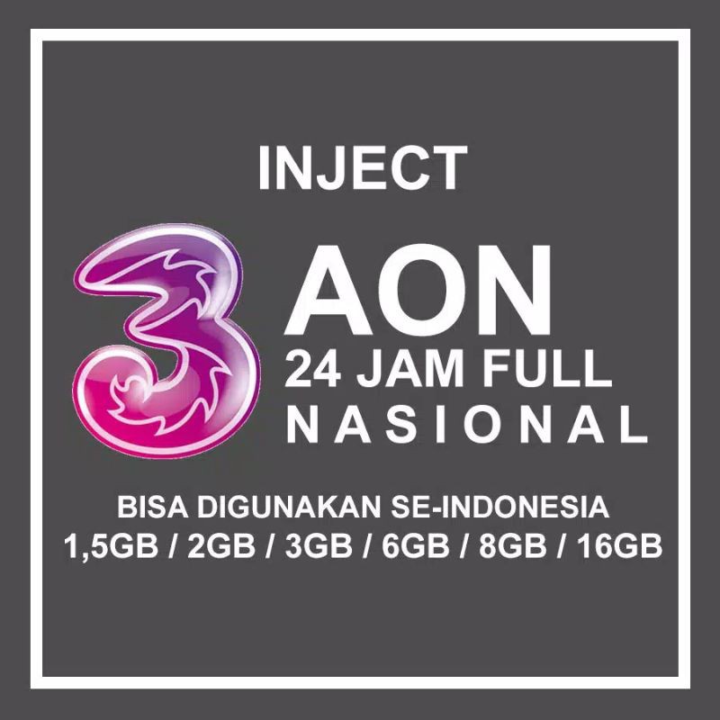 Inject Kuota TRI AON Nasional 1,5GB 2GB 3GB 6GB 8GB 16GB Paket Data Three 3 AlwaysON