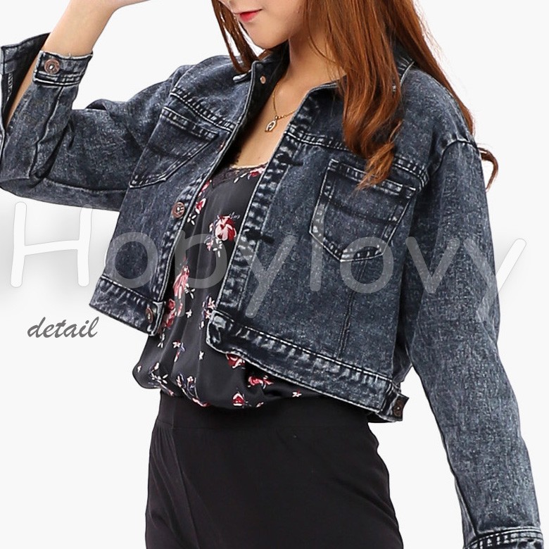 HOPYLOVY - Jaket Jeans Wanita Crop Acid Black Mya