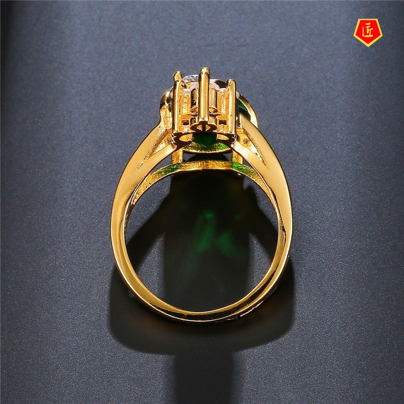 [Ready Stock]18K Gold Luxury Diamond Emerald Ring