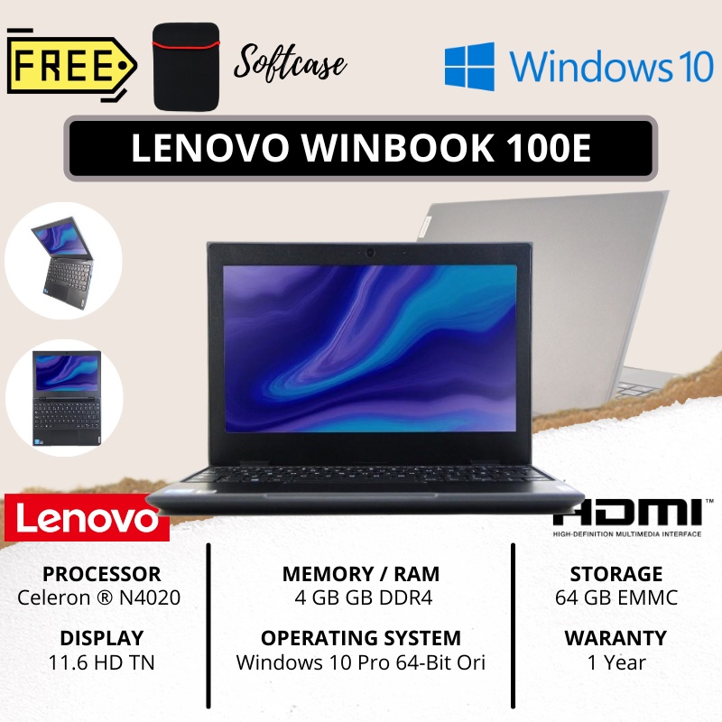 (BONUS CASE) BARU LENOVO WINBOOK 100E INTEL N4020 RAM 4GB 64GB eMMC 11.6&quot; WINDOWS 10 PRO ORIGINAL MURAH - TEKNO KITA