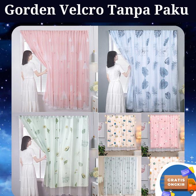 Gorden Tirai Jendela Aesthetic Kamar Magic Velcro Tempel Tanpa Paku