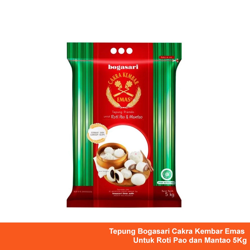 

Tepung Cakra Kembar Emas Roti Pao 5Kg Bogasari Untuk Bakpao dan Mantao