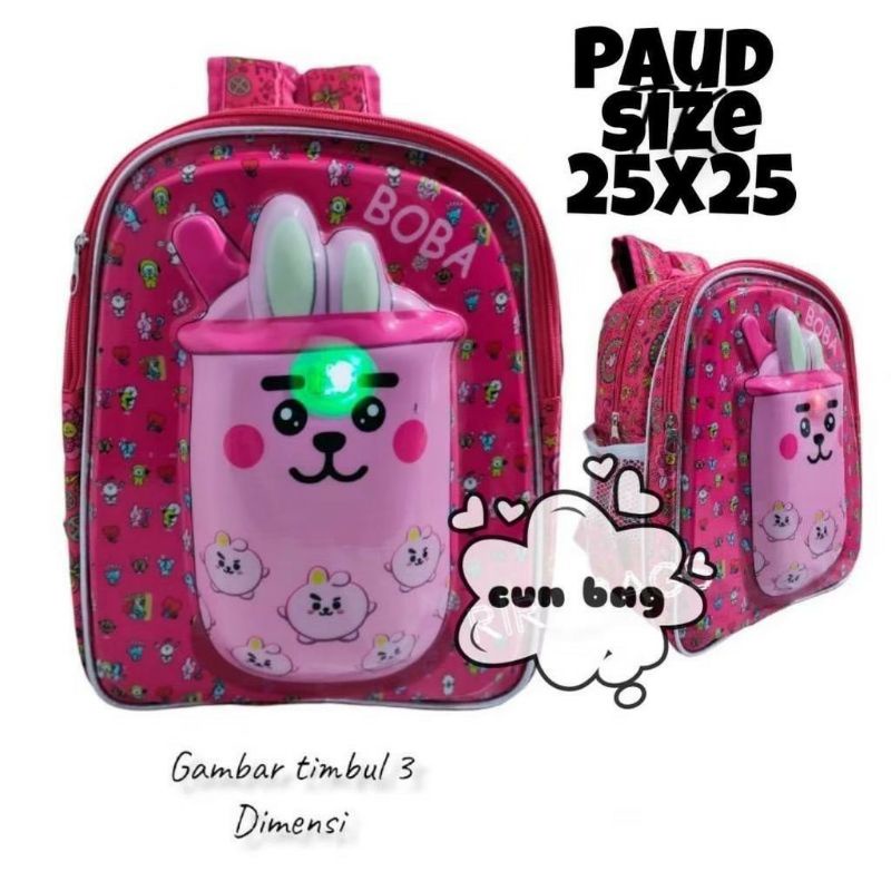 TAS SEKOLAH ANAK PEREMPUAN BOBA VIRAL MOTIF TIMBUL LED/ TAS IMPORT ANAK PEREMPUAN TK SD PAUD LUCU KA