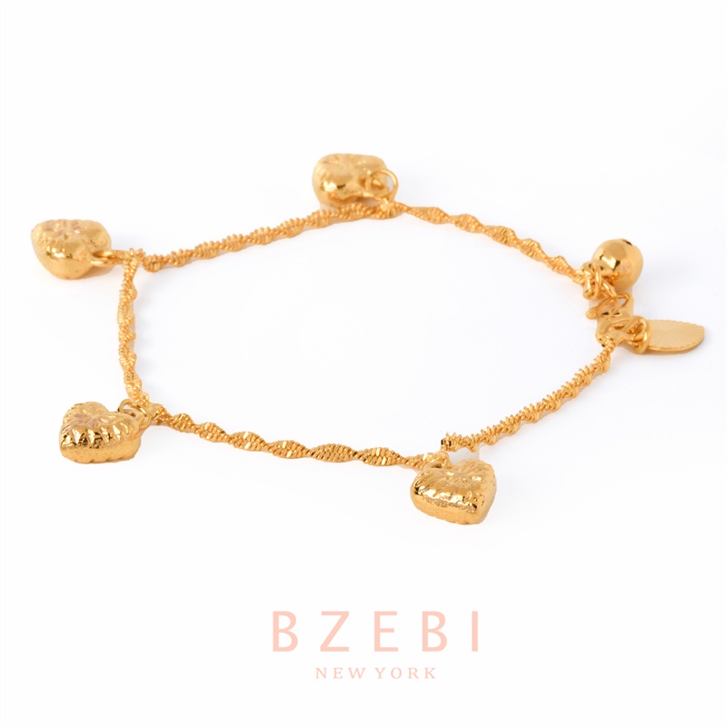 Bzebi Gelang Tangan Lapis Emas 18k Aksen Hati + Lonceng Kecil Untuk Wanita / Hadiah Ulang Tahun 399b