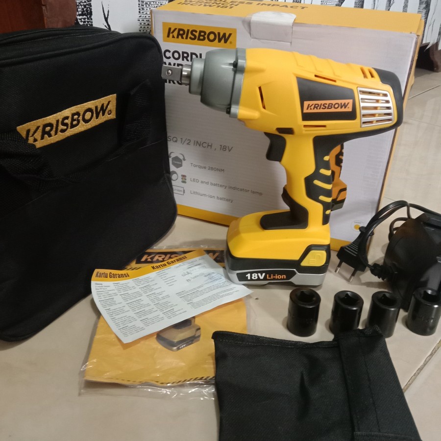 Krisbow Mesin Bor Impact Wrench Cordless pembuka baut Kunci Shock sok