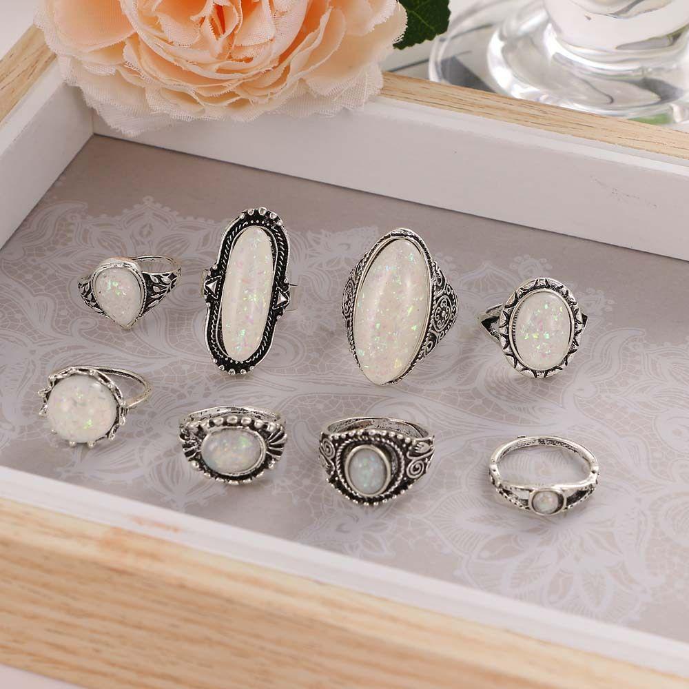 Nanas 8pcs/set Wanita set Cincin Fashion Baru Transparan Warna Putih Perak Bohemian Perhiasan