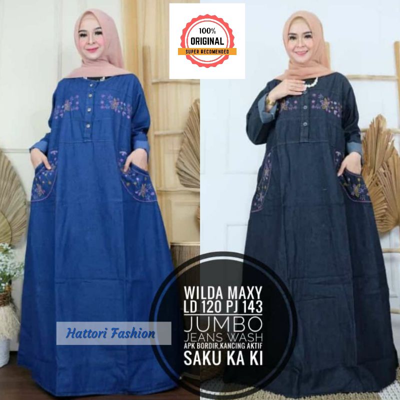Wilda Maxy Dress Gamis Wanita Muslim Bahan Jeans Original Ama Najwa Kualitas HQ Ld 120 pb 143 Jumbo 