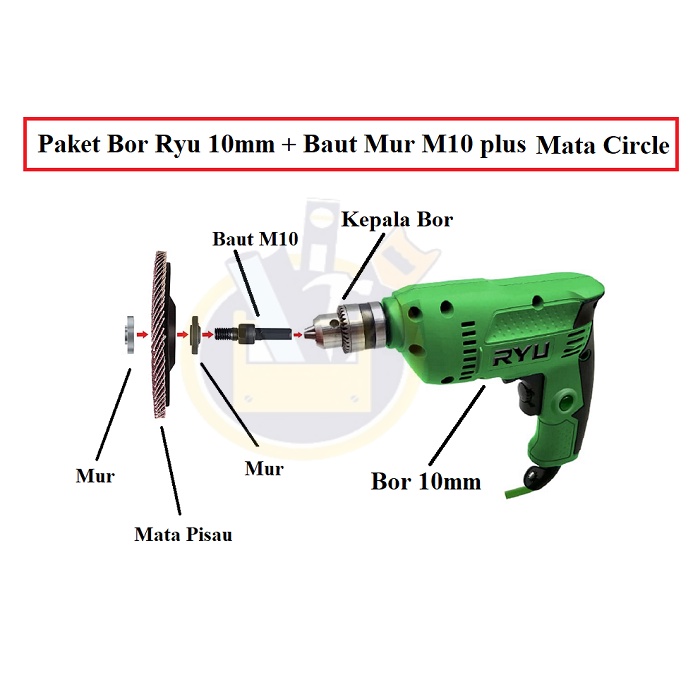 PAKET Mesin Bor 10 mm Ryu RDR 10-3 + Baut Adaptor M10 + Mata Circle 4&quot; Ubah Fungsi Bor Jadi Gerinda