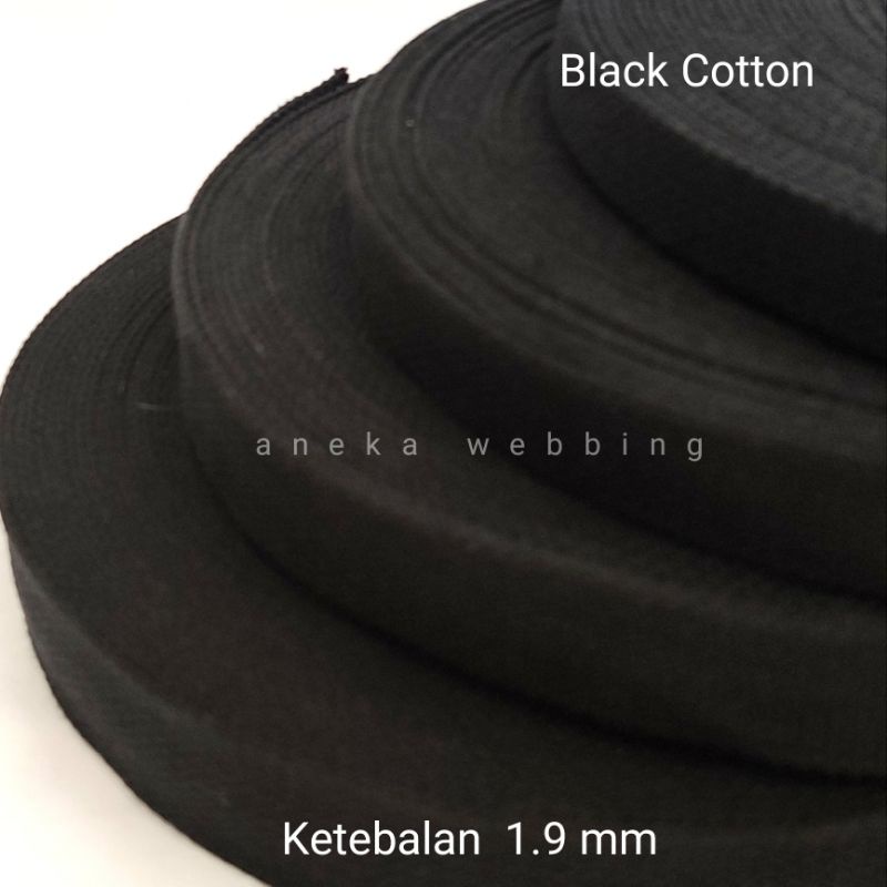 Webbing Katun Hitam lebar 2cm, 2,5 cm, 3 cm, 3.8 cm ketebalan 1.9mm