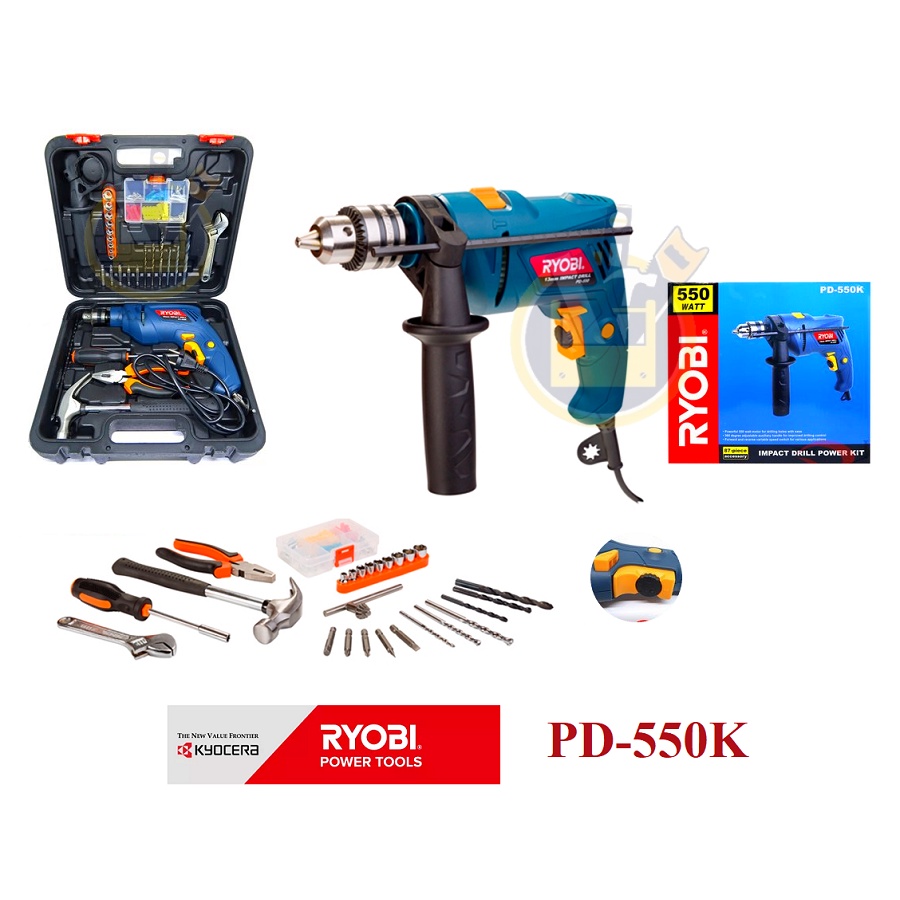 RYOBI Mesin Bor 10 mm Set 87 Pcs Aksesoris PD-550 / Mesin Bor Tangan 10mm Impact Drill Set Aksesoris Koper