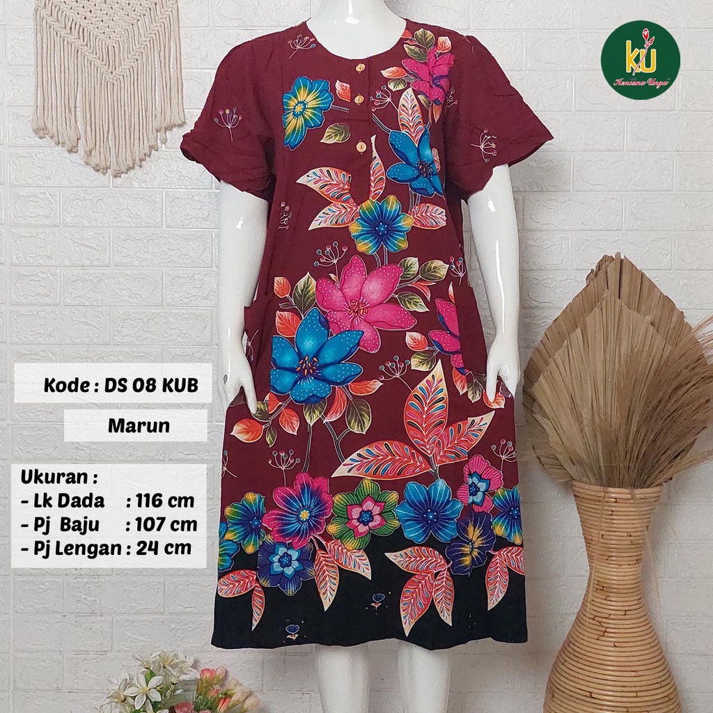 Bisa COD DS08 KUB | Daster Batik Kencana Ungu Asli Label Biru | Baju Santai Tidur Wanita Dewasa Kancing Depan Busui Friendly Motif Terbaru-Marun C