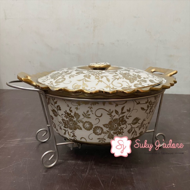 [MONALISA] BASI PRASMANAN BULAT KERAMIK 12.5” BUNGA GOLDEN