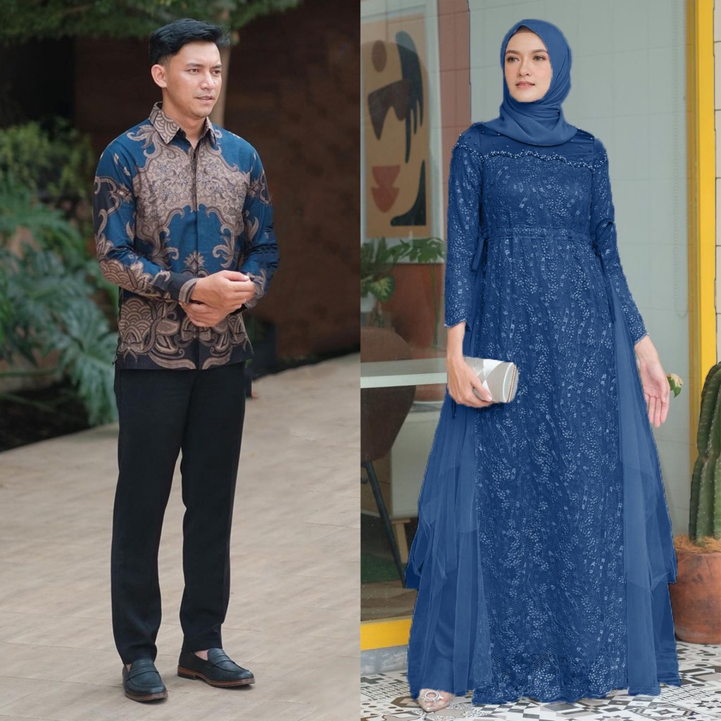 GAMIS BRUKAT COUPLE - Gamis Brukat Maxi Dress Auliya Lengan Panjang Baju Kondangan Wanita Kekinian Dress Bridesmaid Brukat Tulle Mix Payet Mutiara Gamis Lebaran 2023