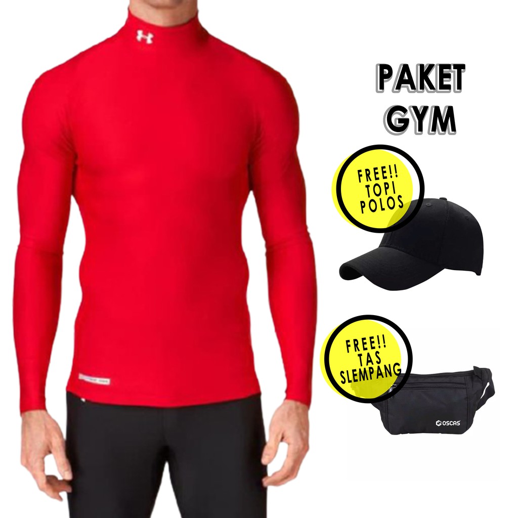 PAKET GYM! Baju Manset Gear Panjang, Topi Polo / Topi Polos, dan Tas Slemang Money Bag