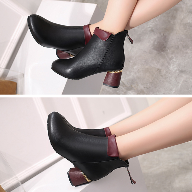 Sepatu Boots Martin Wanita Model Mid Heels Tebal Warna Merah(Dengan kotak sepatu)