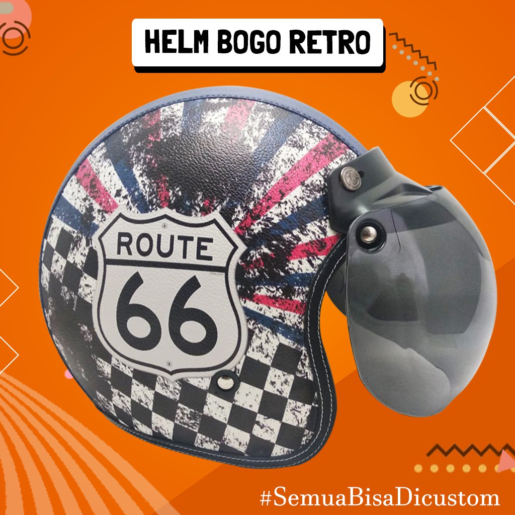 Helm Retro Bogo Kulit Route 66 Blue Red Free Tambah Nama