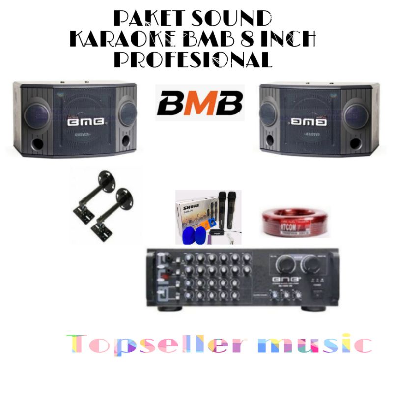 PAKET SOUND KARAOKE SPEAKER BMB 8 INCH CS 750R AMPLI BMB DA1600 PLUS MIC SHURE KARAOKE