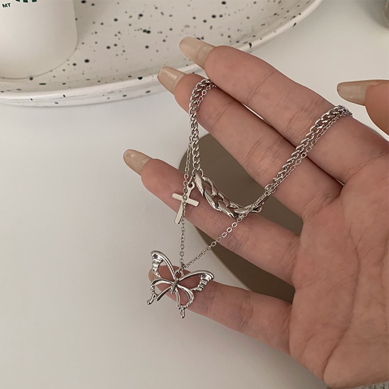 Kalung Rantai Liontin Butterfly Cross Gaya Korea Untuk Wanita