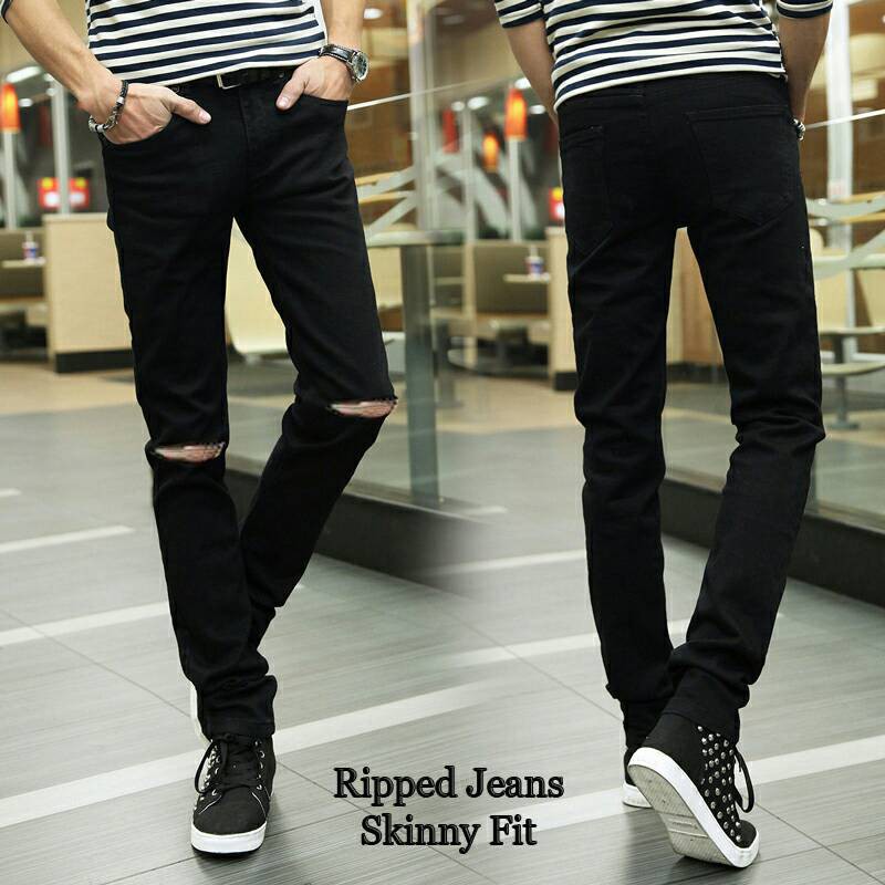 CELANA PANJANG JEANS SOBEK RIPPED HITAM BLUE WASH