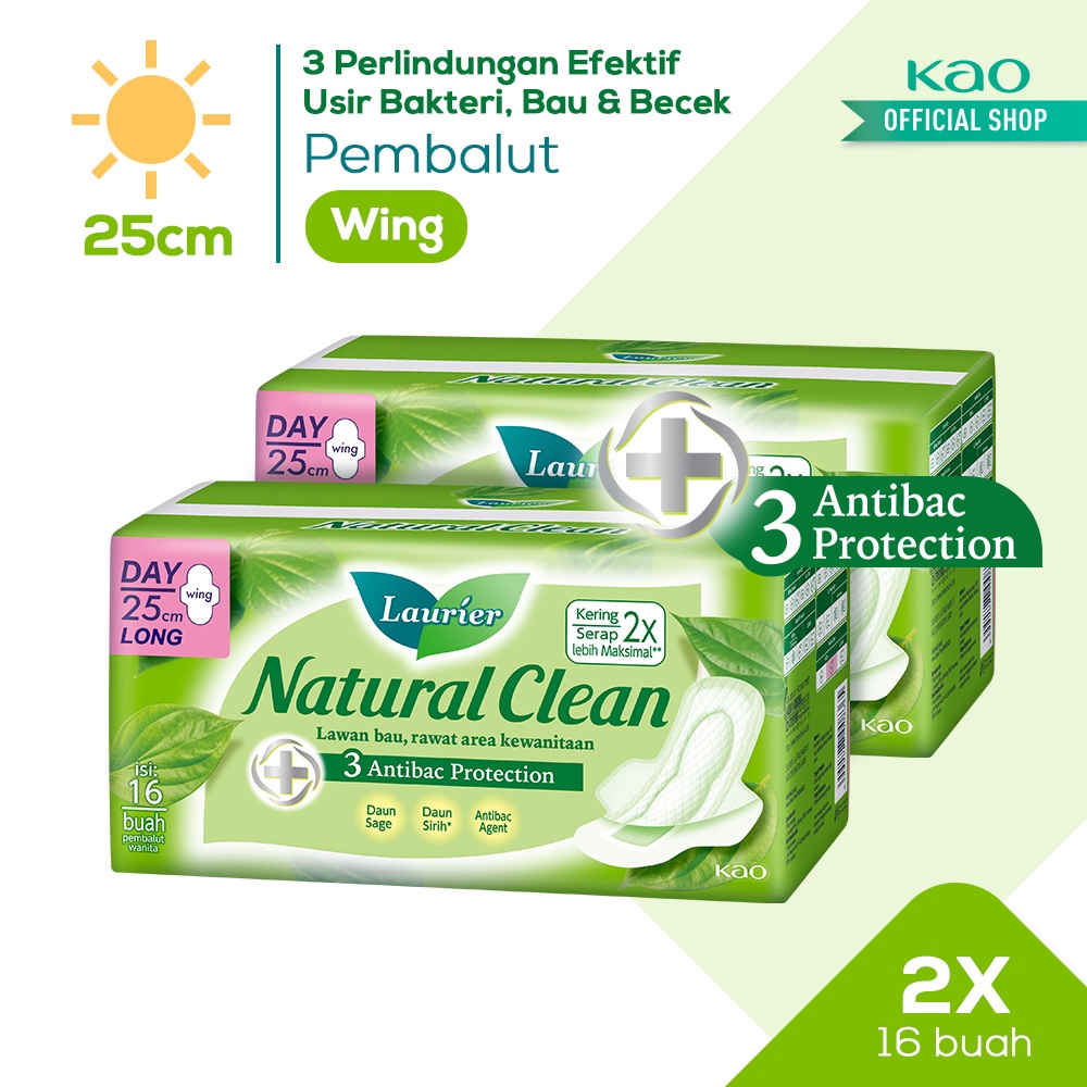 Laurier Natural Clean Pembalut Wanita Daun Sirih Anti Bakteri Day 25cm Wing - Bersih Alami Cegah Bau Isi 16 Buah Twin Pack