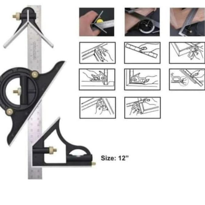 Penggaris Waterpass Siku Kombinasi Dengan Busur 12" / Penggaris Busur