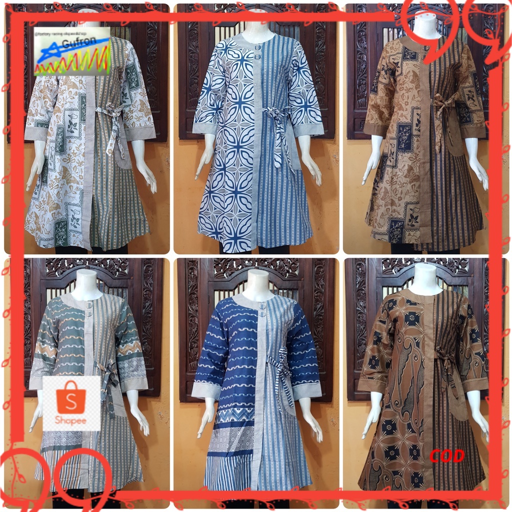 NEW Tunik Batik ENAMOSA Atasan Wanita Lengan Panjang. Tali Samping Modern Motif Pekalongan -TS03