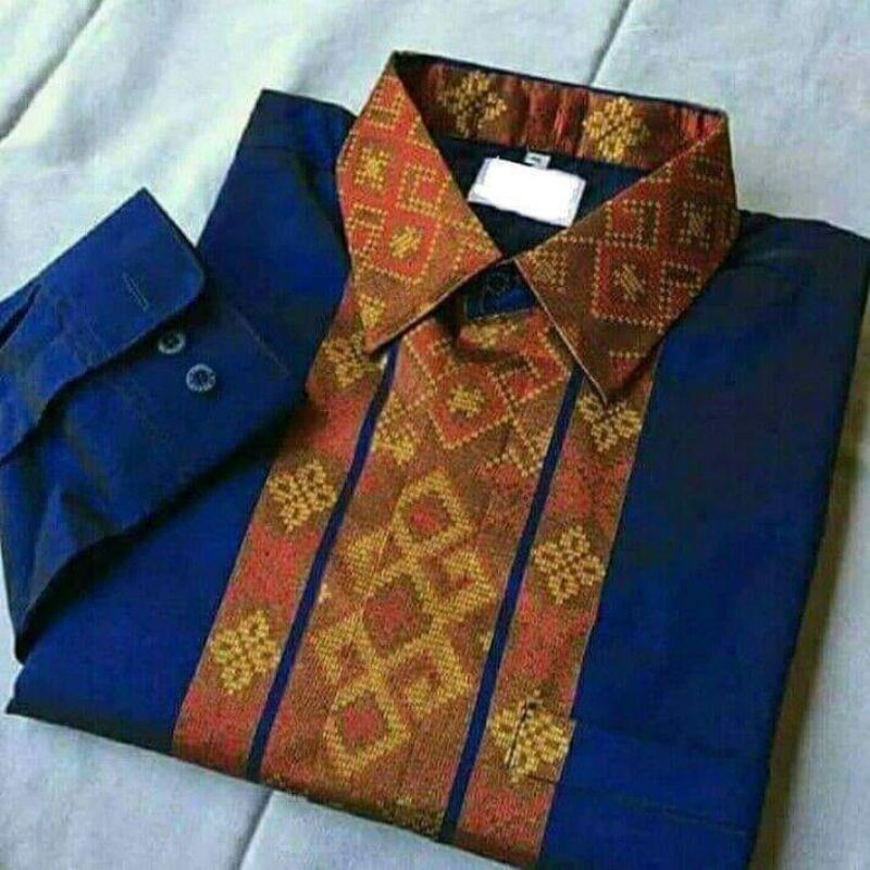 Kemeja Songket Motif Toraja | Kemeja tenun Songket | Hem Songket Biru