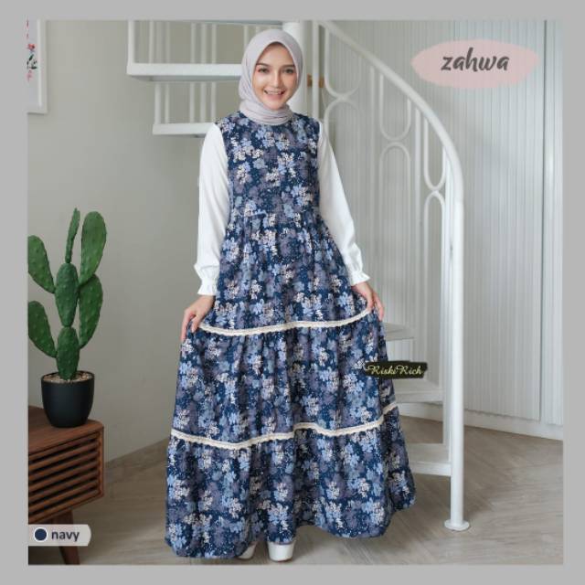 Gamis wolfis motif bunga renda kombinasi lengan putih polos karet / zahwa busui riskirich murah