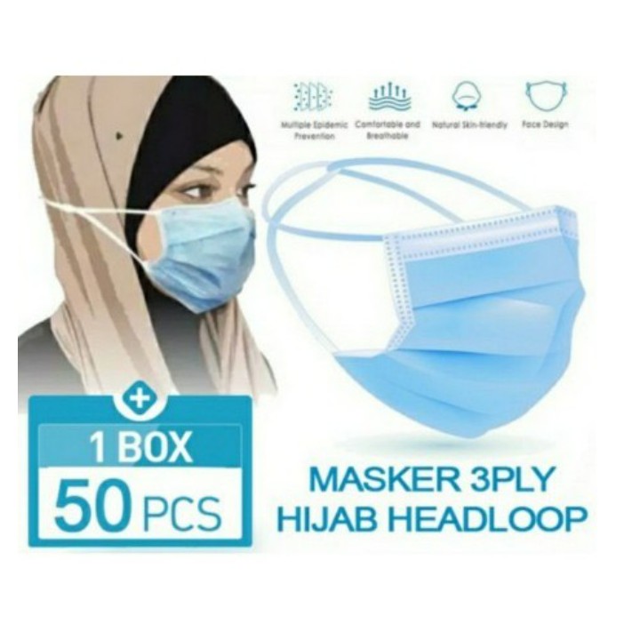 Masker 3Ply Headloop 3 Ply Masker Hijab Disposable Face Mask/ MASKER HEADLOOP/ MASKER HITAM/ HIJAB