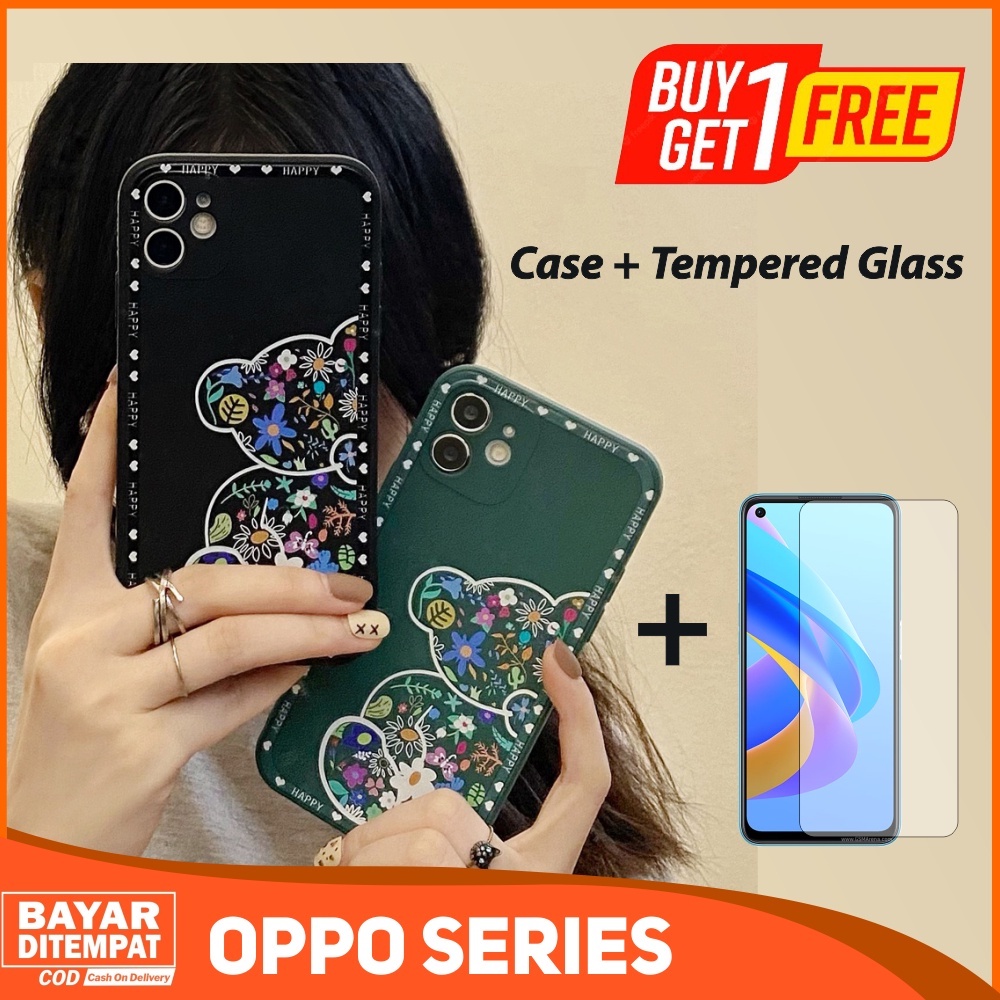 Case Oppo A5S A5 2020 A7 A9 2020 A11K A12 A15 A15S A16 A16S A36 A54 4G A74 4G A76 A95 4G A96 F9 Casing + Tempered Glass - Case Cute Kaws Bear Batik Flower Liquid Premium