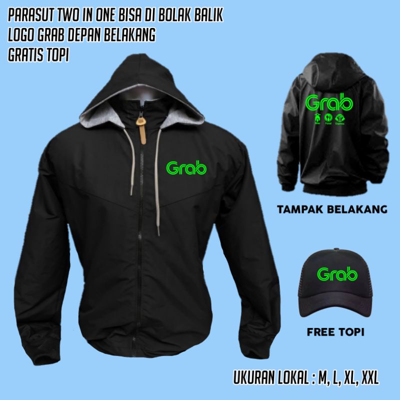 Jaket Parasut Bolak Balik Distro PREMiUM Grab Bonus Topi Hitam ojol polos custom pria wanita unisex 