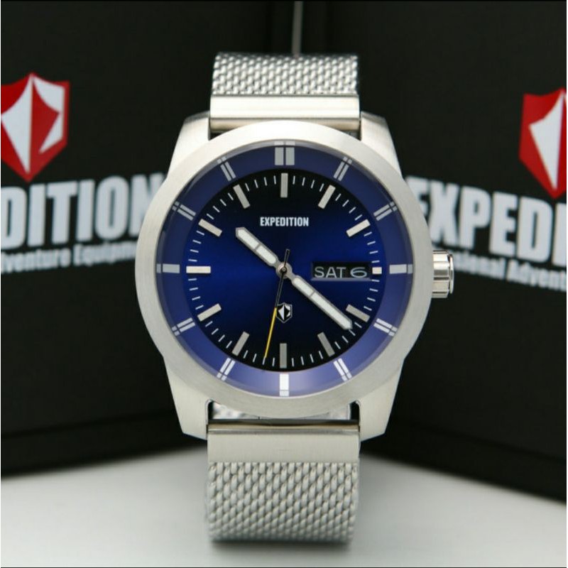 ORIGINAL GARANSI RESMI JAM TANGAN PRIA / COWOK SILVER LIGHT BLUE RANTAI EXPEDITION E6773 E 6773 BIRU
