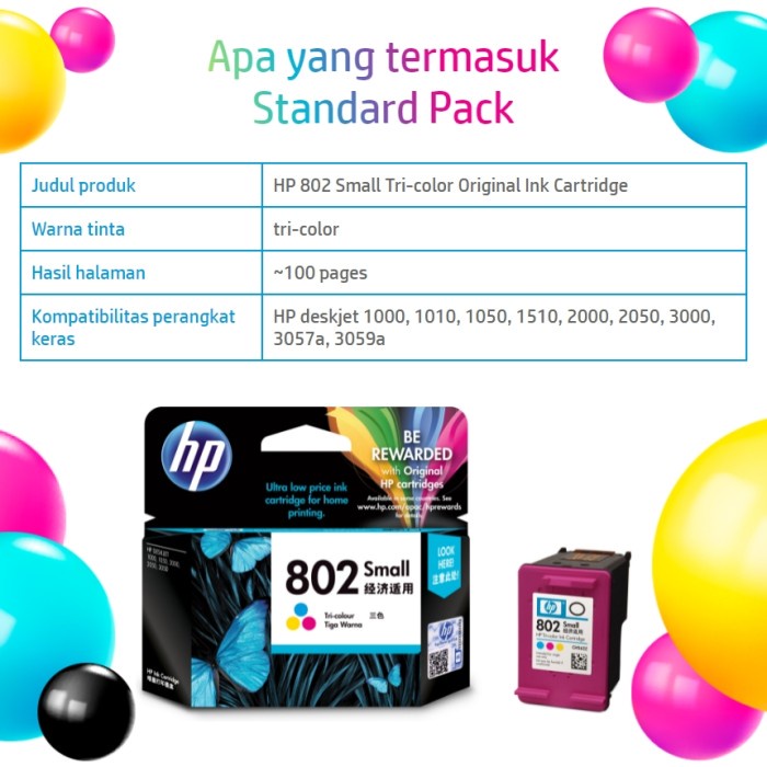 CARTRIDGE HP 802 SMALL COLOR / TINTA CATRIDGE HP802 SMALL COLOUR ORIGINAL - RESMI