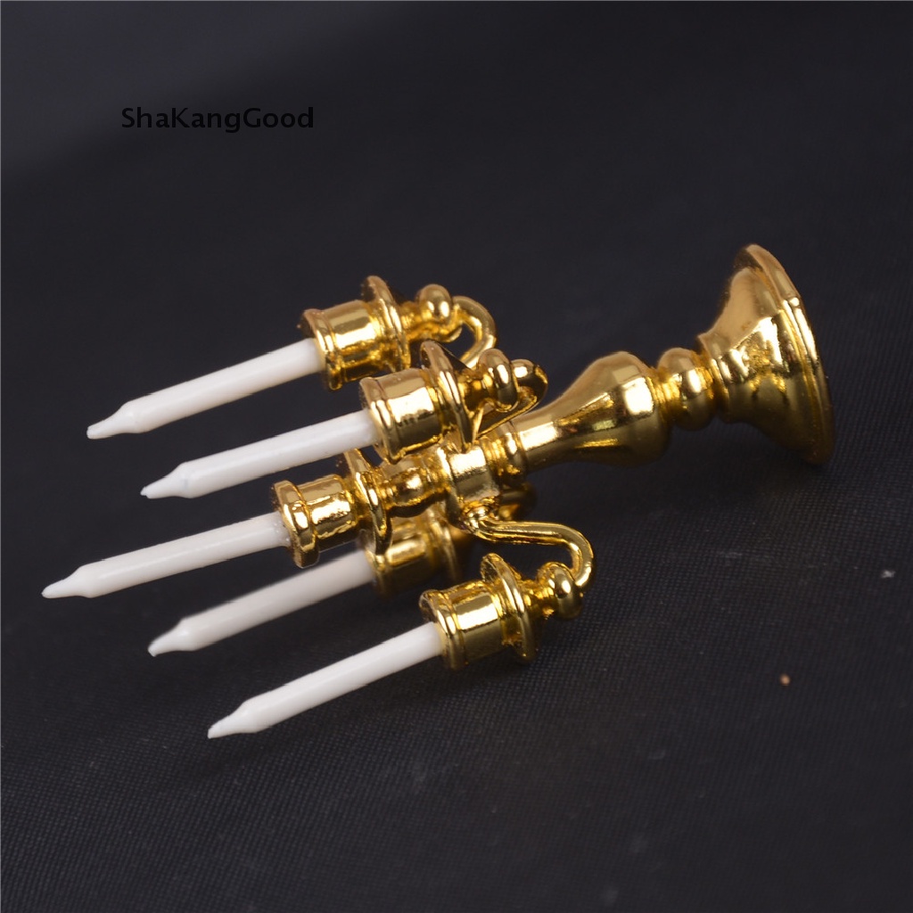 Skid Mainan Miniatur Candelabra Emas + 5 Lilin Putih Skala 1: 12 Untuk Dekorasi Rumah Boneka